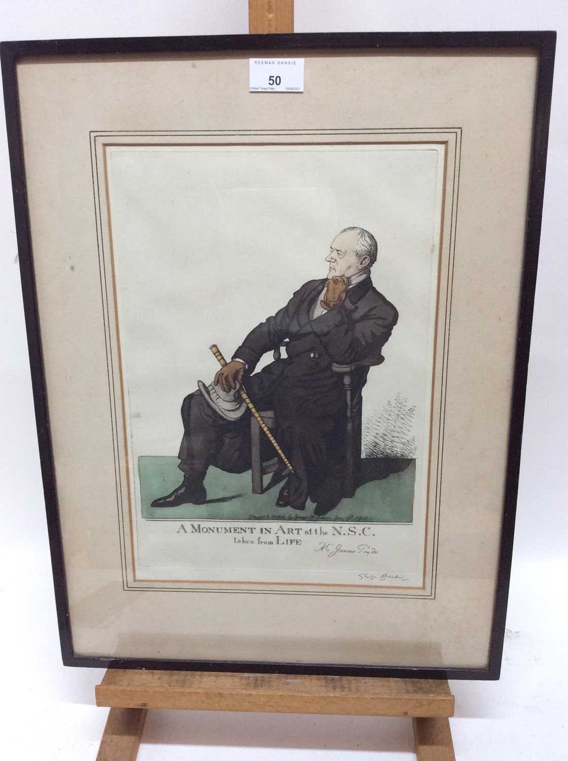 Lot 50 - George Belcher (1875-1947) signed coloured etching - 'A Monument In Art at the N.S.C. Taken from Life Mr James Pryde', published January 9th 1918, 35cm x 25cm, in glazed frame