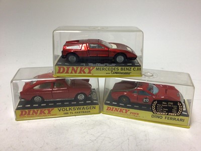 Lot 2141 - Dinky Volkswagon 1600 TL Fastback No 163 Dino Ferrari No 216, Mercedes Benz C. III No 224, all boxed (3)