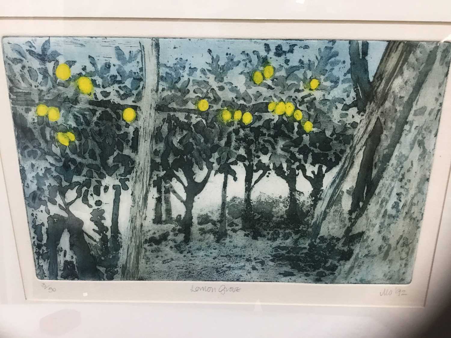 Lot 78 - MO (Contemporary) colour aquatint, lemon grove, signed dated '92, numbered 3/50, 19 x 30cm, glazed frame, together with a small watercolour indistinctly signed and numbered 10-10-9. (2)