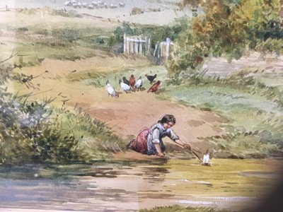 Lot 87 - Henry Sylvester Stannard (1870-1951) watercolour- Cottage scene with figure and fowl, 25 x 35cm, signed, glazed frame