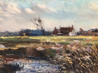 Lot 117 - George E. Roberts, 1970s oil on canvas and on board - a pair of Norfolk landscapes, signed and dated 1970, 40cm x 50cm, in gilt frames