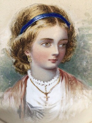 Lot 125 - 19th century, English School, oval watercolour portrait of a young lady, initialled, 28cm x 23cm, in oval glazed frame
