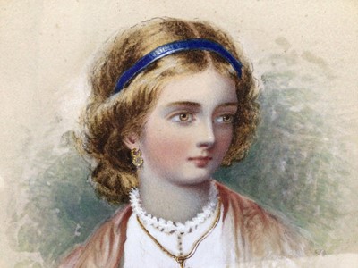 Lot 125 - 19th century, English School, oval watercolour portrait of a young lady, initialled, 28cm x 23cm, in oval glazed frame