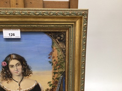 Lot 126 - 19th century, Continental , watercolour - portrait of a Spanish lady seated beneath an arch with a guitar, labels verso, 29cm x 25cm, in glazed gilt frame