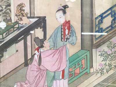 Lot 127 - Antique Japanese watercolour on silk - two figures in an interior, 30.5cm square, in glazed frame