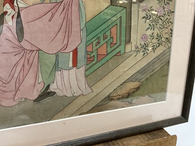 Lot 127 - Antique Japanese watercolour on silk - two figures in an interior, 30.5cm square, in glazed frame