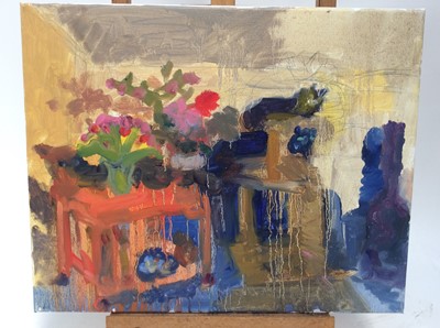 Lot 135 - Annelise Firth (b.1961) oil on canvas still life study- Flowers in studio setting, signed and dated verso, 41cm x 51cm