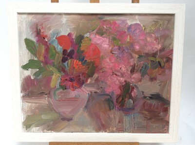 Lot 136 - Annelise Firth (b.1961) oil on canvas- Still Life with Blossom, signed and dated verso, including frame 46cm x 56cm
