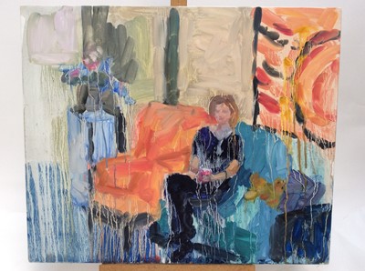 Lot 137 - Annelise Firth (b.1961) oil on canvas study of a woman seated on a sofa, signed and dated verso, 50cm x 60cm