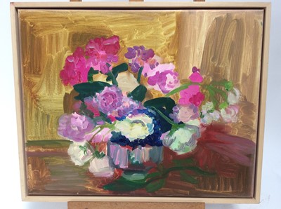 Lot 138 - Annelise Firth (b.1961) oil on canvas still life study- Roses in a Silver Bowl, signed and dated verso, including frame 43.5cm x 53.5cm