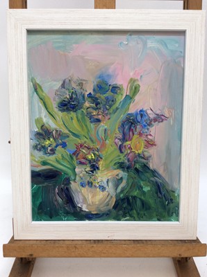 Lot 140 - Annelise Firth (b.1961) oil on canvas still life study- Hyacinths and Freesias, signed and dated verso, including frame 35cm x 29cm