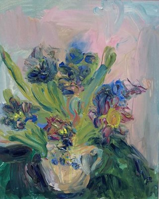 Lot 140 - Annelise Firth (b.1961) oil on canvas still life study- Hyacinths and Freesias, signed and dated verso, including frame 35cm x 29cm