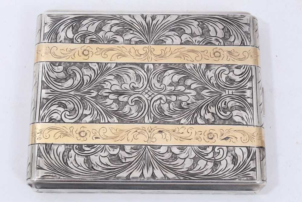 Lot 227 - Early 20th century Continental silver cigarette case, with inlaid gold bands and engraved decoration
