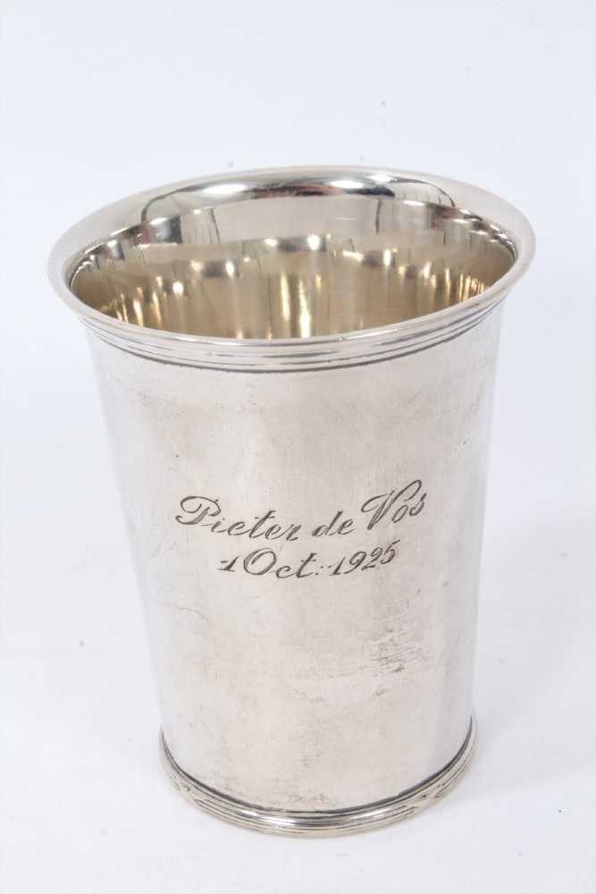 Lot 232 - Dutch silver beaker of tapered form with flared rim and engraved inscription.