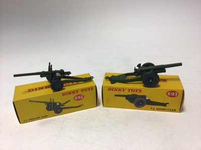 Lot 2158 - Dinky Military 5.5 Medium Gun No 692, 7.2 Howitzer No 693, Army Covered Wagon No 623, Army Water Tanker No 643, all boxed (4)