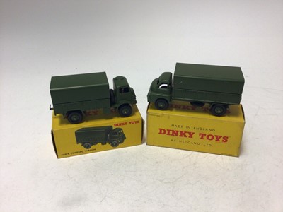 Lot 2159 - Dinky Military 5.5 Medium Gun No 692, Armoured Command Vehicle No 677, Army Covered Wagon No 623, 3-Ton Army Wagon No 621, all boxed (4)