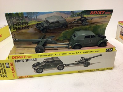 Lot 2194 - Dinky US Jeep with 105mm Howitzer No 615, Volkswagen KDF with 50mm PAK Anti-Tank Gun No 617, both boxed (2)
