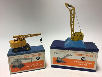 Lot 2199 - Dinky Supertoy Coles Mobile Crane No 571, Elevator Loader No 564, Goods Yard Crane No 752, all boxed (3)