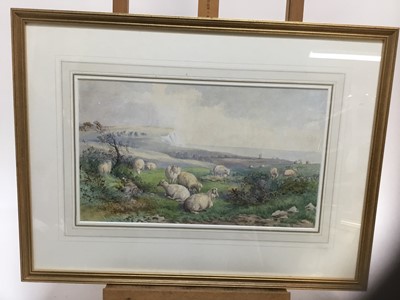 Lot 254 - Follower of Thomas Sidney Cooper, watercolour, sheep on a headland, 22 x 38cm, glazed frame