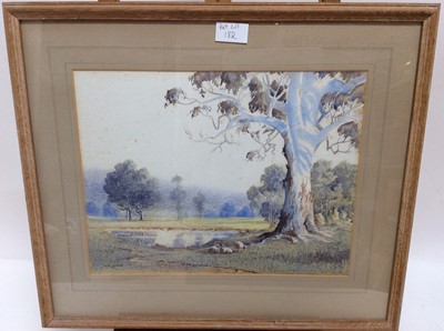 Lot 273 - Victor Robert Watt (1886-1970) watercolour - Sheep Grazing, signed, 24cm x 28cm, in glazed gilt frame. Provenance: Gould Galleries, Victoria, Australia. Together with another similar work by the sa...
