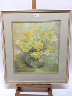Lot 187 - Jean Douglas, 20th century, pastel on paper - still life of daffodils in a glass bowl, initialled, 42cm x 37cm, in glazed frame