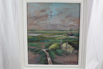 Lot 1112 - David Britton, contemporary, oil on board - Boats and Walkways at Tollesbury, signed, framed, 59cm x 49cm