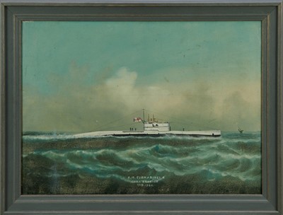 Lot 1316 - Rare 1920s Hong Kong School gouache on board - The First World War British Submarine H.M.S. L4 , titled 'H.M.Submarine L.4. China Station 1919,1920', in modern grey painted frame, 51 x 66.5cm overa...