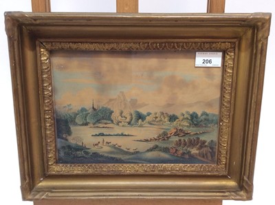 Lot 206 - 18th century watercolour - extensive Eastern landscape with beasts beside a lake, 18cm x 26cm, in glazed gilt frame