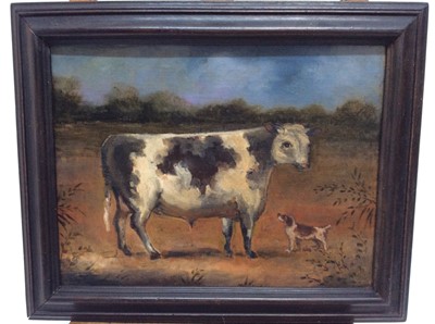 Lot 235 - English School oil on canvas laid on panel - a bull and a dog in a field, 24cm x 32cm, framed