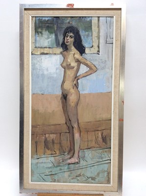 Lot 236 - Peter Collins (1923-2001) oil on canvas - standing female nude, 75cm x 37cm, framed