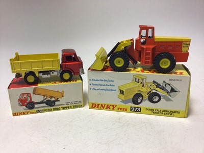 Lot 2211 - Dinky Atlas Digger No 984, Eaton Yale Articulated Tractor Shovel No 973, Ford D800 Tipper Truck No 438, all boxed (3)
