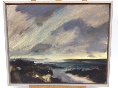 Lot 243 - Sarah Chalmers, contemporary, oil on board - stormy coastline, 41cm x 51cm, framed