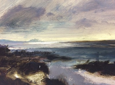 Lot 129 - Sarah Chalmers, contemporary, oil on board - stormy coastline, 41cm x 51cm, framed