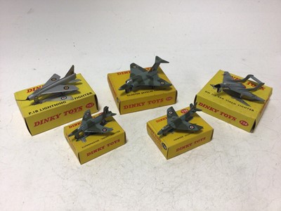 Lot 2229 - Dinky Supermrine 'Swift Fighter' No 734, Hawker hunter Fighter No 736, Gloster Javelin Fighter No 735, D H 110 Sea Vixen Fighter No 738, P1B Lightning Fighter No 737, all boxed (5)