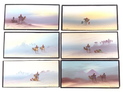 Lot 246 - Frank Holme, set of six early 20th century watercolours and gouache on card - Egyptian desert scenes with figures on camels, each signed, 11cm x 23cm, unframed