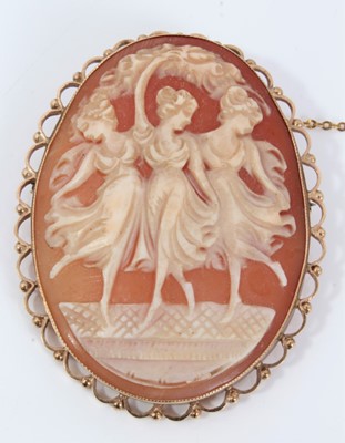 Lot 583 - Carved shell cameo brooch depicting the Three Graces, in 9ct gold mount