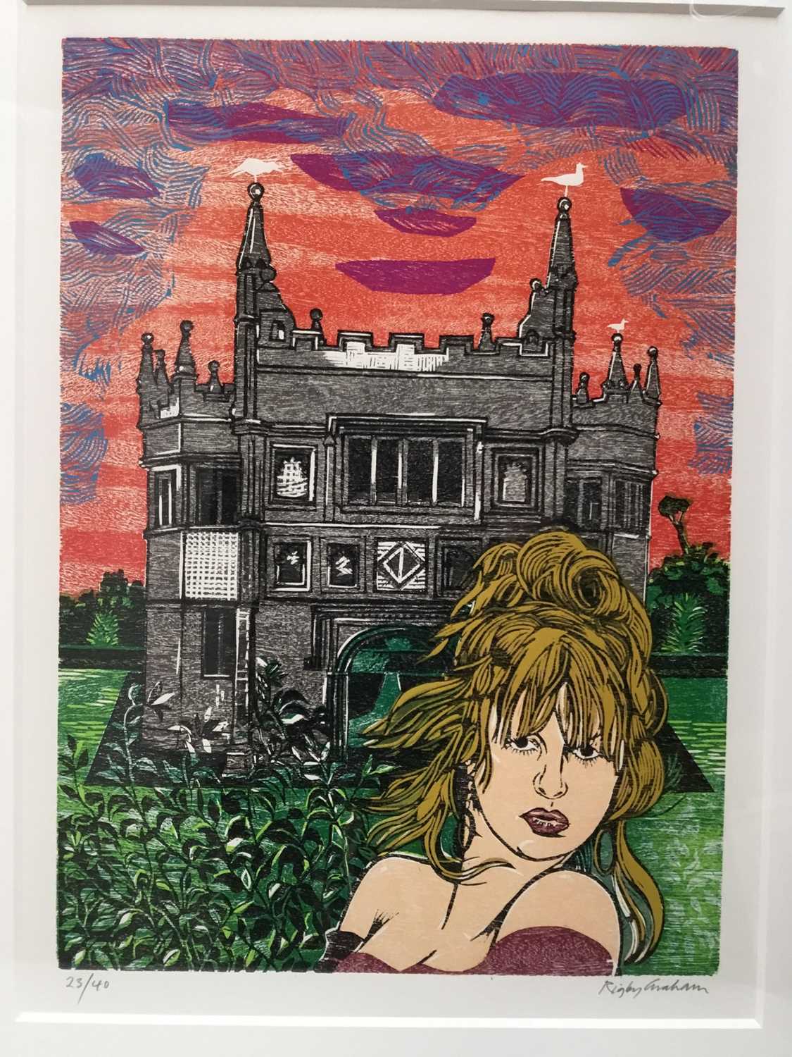 Lot 122 - Rigby Graham (1931-2015) linocut in colours, figure before a church, signed and numbered 23/40, image 53 x 39cm, glazed frame
