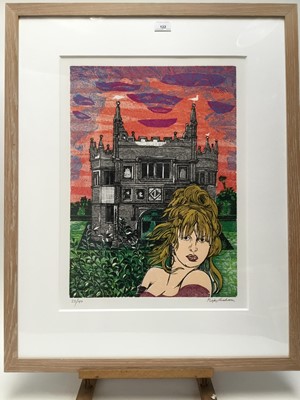 Lot 122 - Rigby Graham (1931-2015) linocut in colours, figure before a church, signed and numbered 23/40, image 53 x 39cm, glazed frame