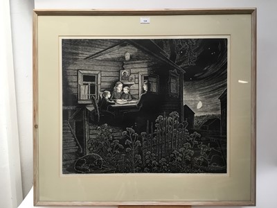 Lot 124 - Vladimir Emilianov (Contemporary) very large linocut print, signed and dated 1985, Domestic scene, image 55 x 67cm, glazed frame