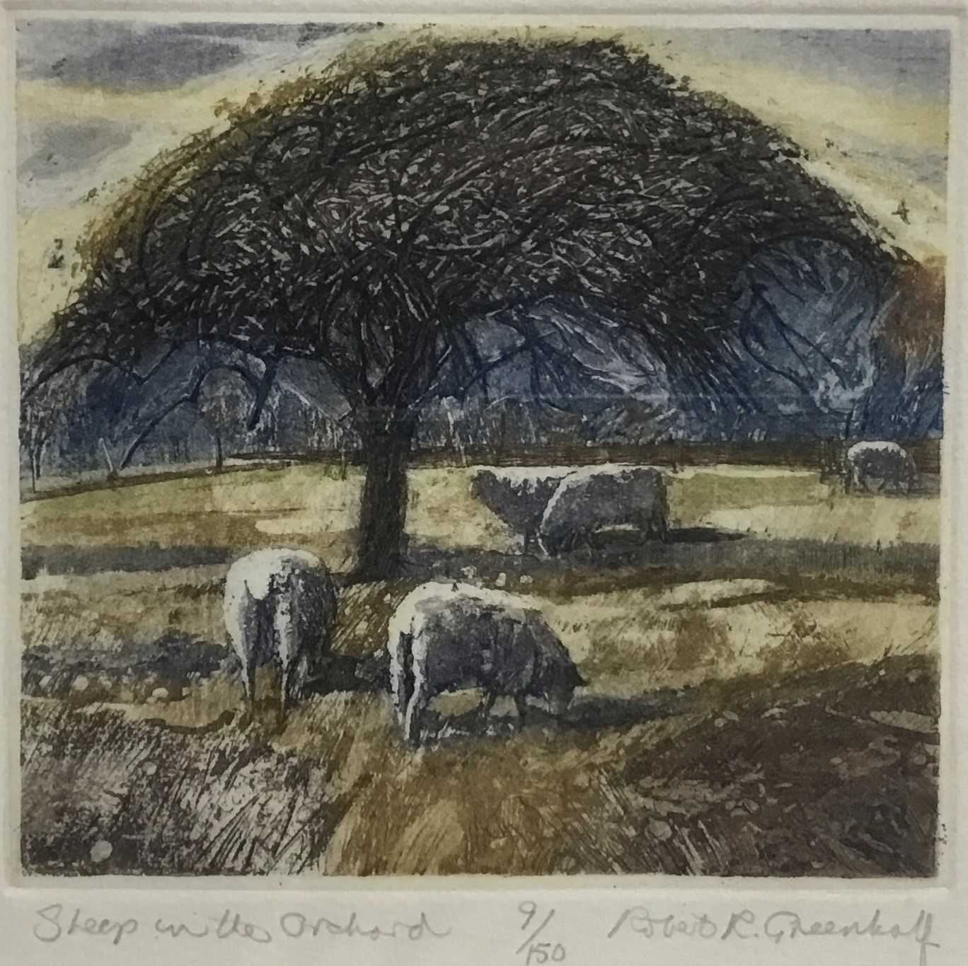 Lot 129 - Robert Greenhalf (b. 1950) colour aquatint, Sheep in the orchard, signed and numbered 9/150, plate 14 x 16cm, glazed frame