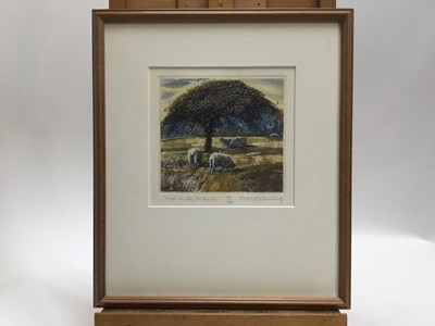 Lot 129 - Robert Greenhalf (b. 1950) colour aquatint, Sheep in the orchard, signed and numbered 9/150, plate 14 x 16cm, glazed frame