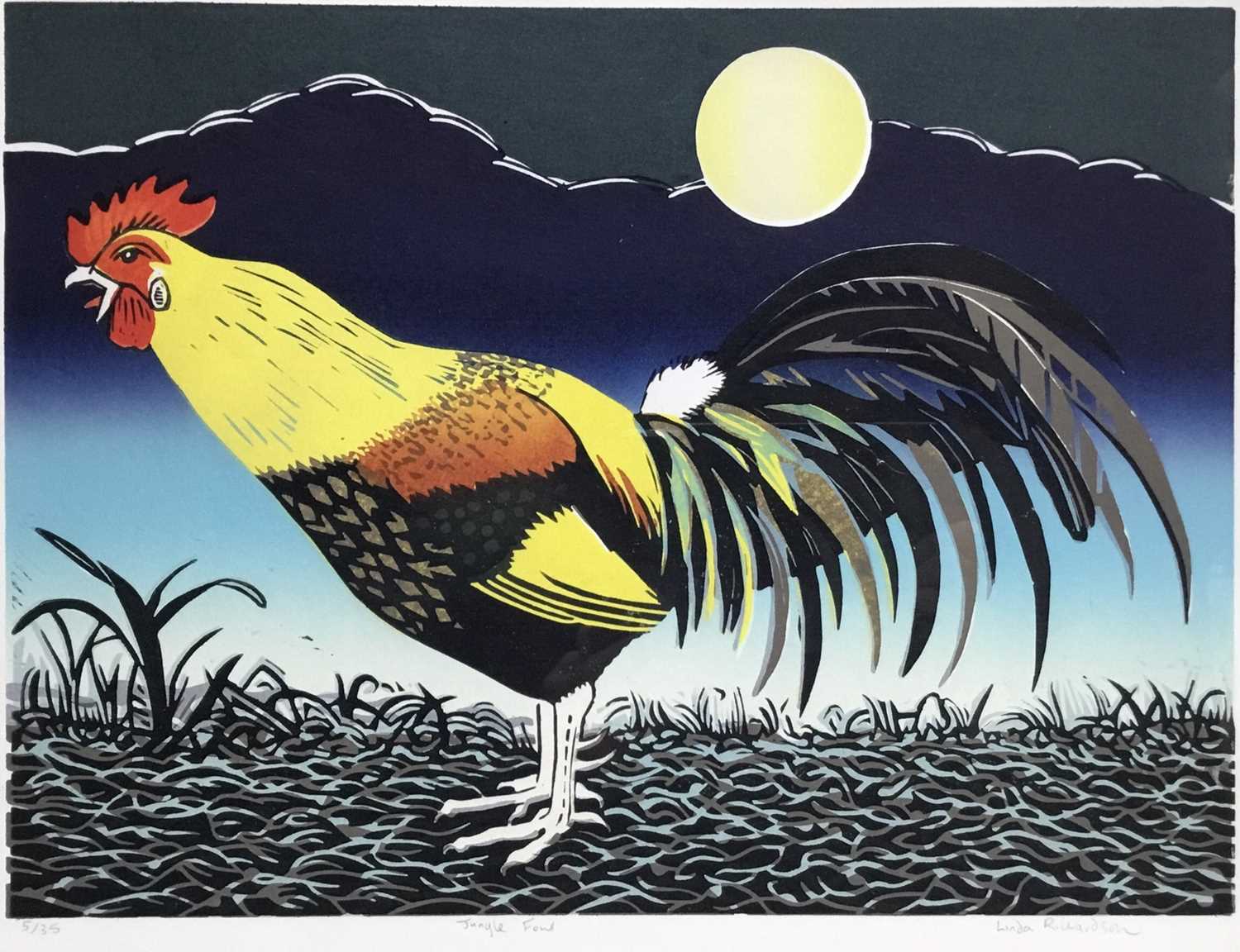 Lot 132 - Linda Richardson (Contemporary), linocut in colours, Cockerel, signed and numbered 5/35, 30 x 40cm, glazed frame