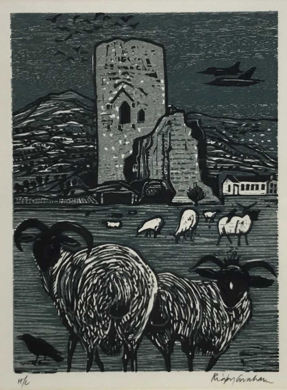 Lot 133 - Rigby Graham (1931-2015) colour linocut, sheep before a tower, signed and numbered h/c, 29 x 22cm, glazed frame