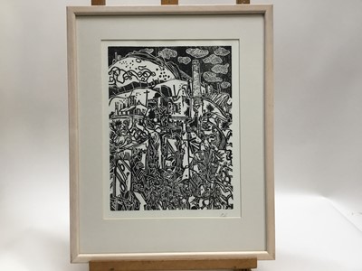 Lot 135 - Rigby Graham (1931-2015) woodcut print, industrial landscape, signed with initials, inscribed verso 'one of Rigby Graham's last woodcuts, cut by him whilst in bed! , image 30 x 22cm, glazed frame