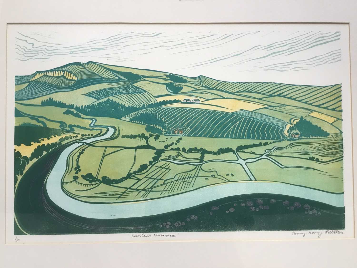 Lot 137 - Penny Berry Patterson (1941-2021) colour linocut, 'Downland Panorama' signed and numbered 1/30, image 31 x 52cm, glazed frame