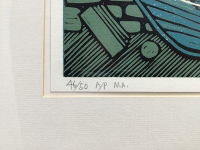 Lot 153 - Nicholas Barnham (b. 1939) linocut in colours, Westing Unst, signed and numbered 46/50 A/P, 20 x 36cm, glazed frame