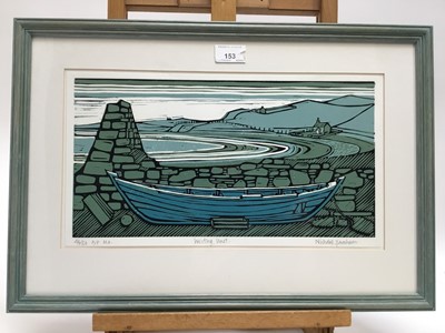 Lot 153 - Nicholas Barnham (b. 1939) linocut in colours, Westing Unst, signed and numbered 46/50 A/P, 20 x 36cm, glazed frame