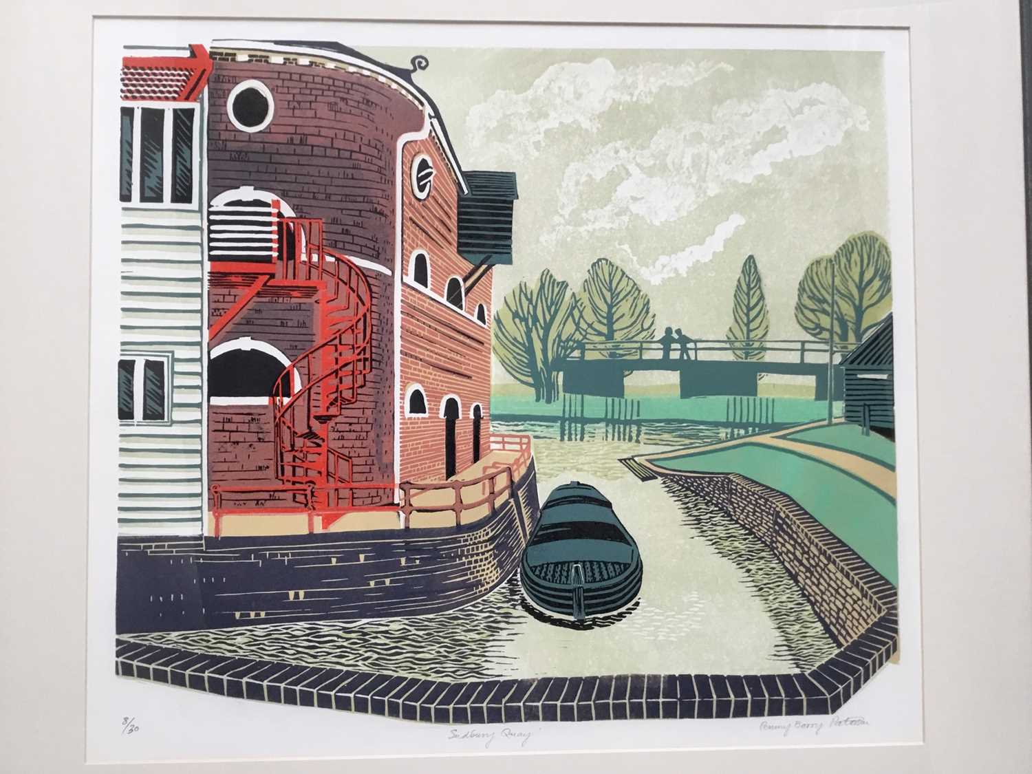 Lot 139 - Penny Berry Patterson (1941-2021) colour lino print, Sudbury Quay, signed and numbered 8/30, 39 x 44cm, glazed frame