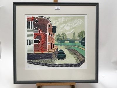 Lot 139 - Penny Berry Patterson (1941-2021) colour lino print, Sudbury Quay, signed and numbered 8/30, 39 x 44cm, glazed frame