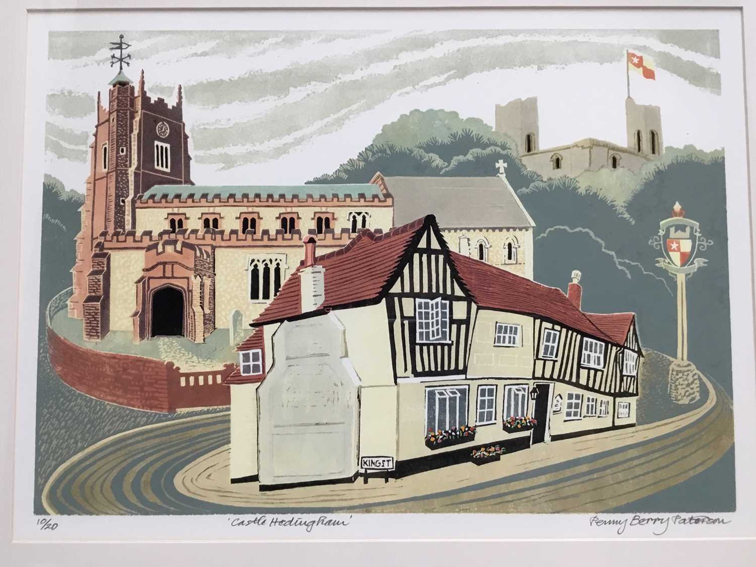 Lot 141 - Penny Berry Patterson (1941-2021) colour linocut, Castle Hedingham, signed titled and numbered 10/20: imsge 29 x 41cm, glazed frame